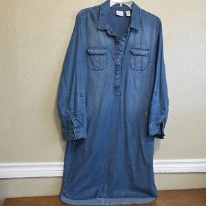 Chico's Blue Denim Shirt Dress Sz 1 Long Sleeve Lightweight‎ Midi Casual Western